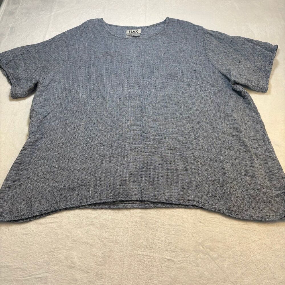 FLAX 100% Linen Oversized Boxy Top Womens 2G Blue Short Sleeve